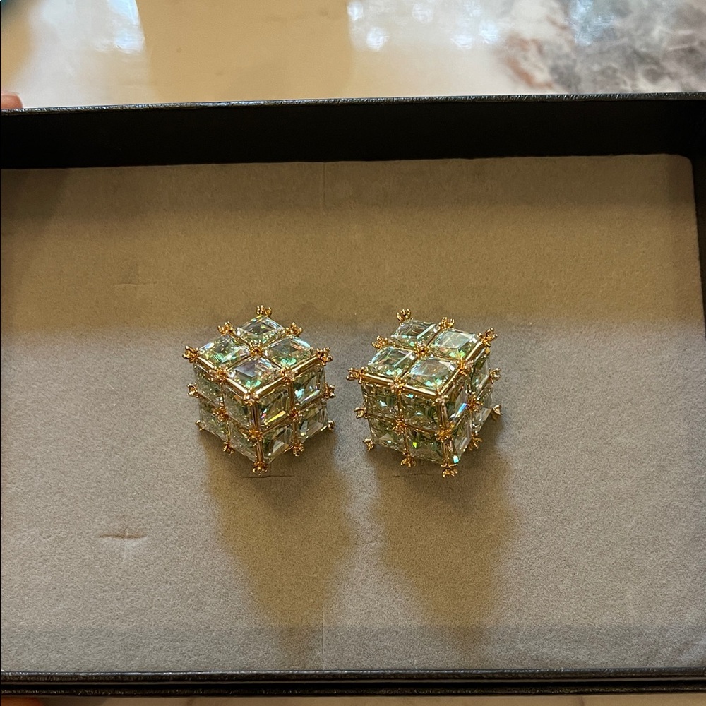Swarovski Gold and Green Cube Earrings